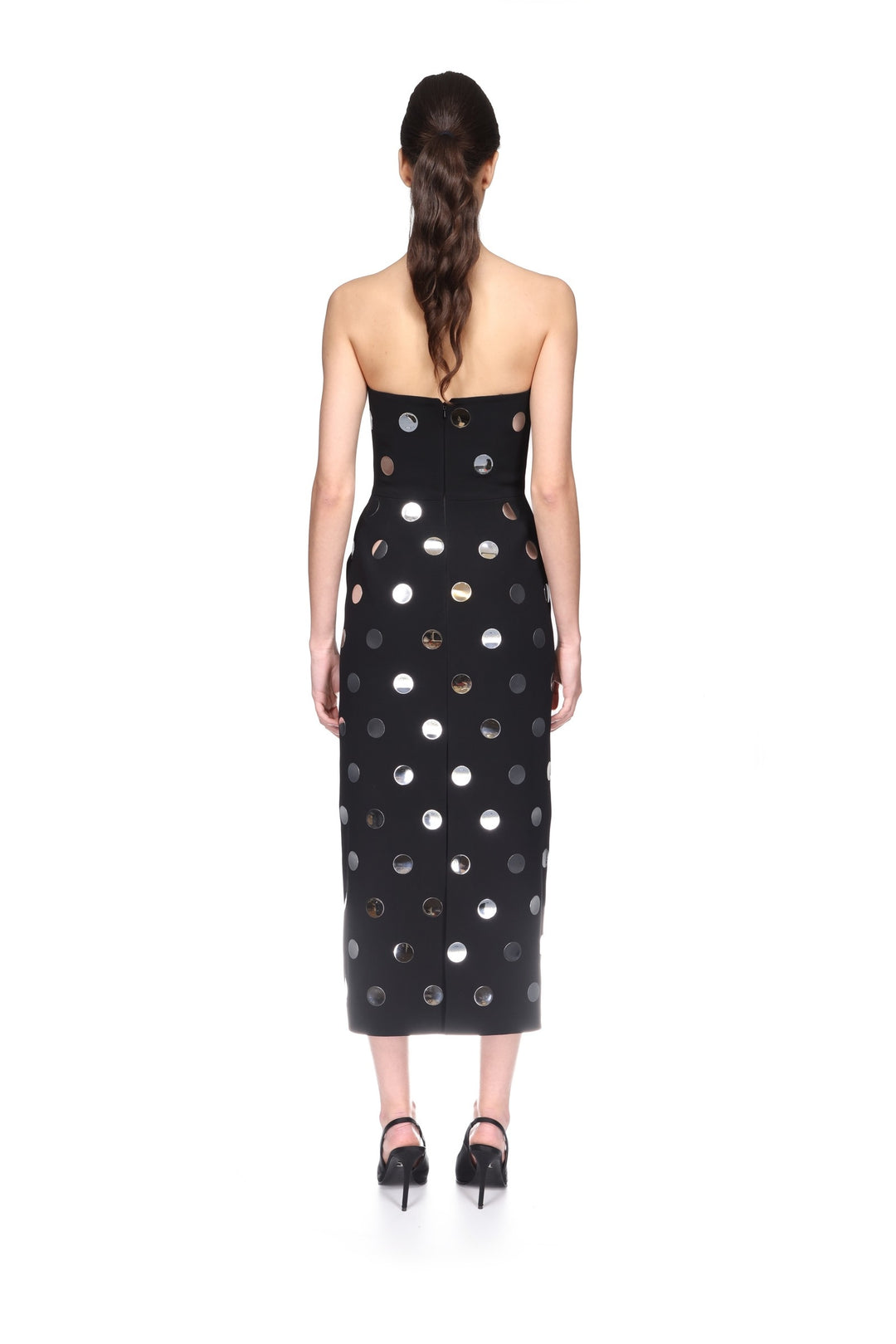 ALLOVER POLKA-DOT HOTFIX DETAIL STRAPLESS DRESS