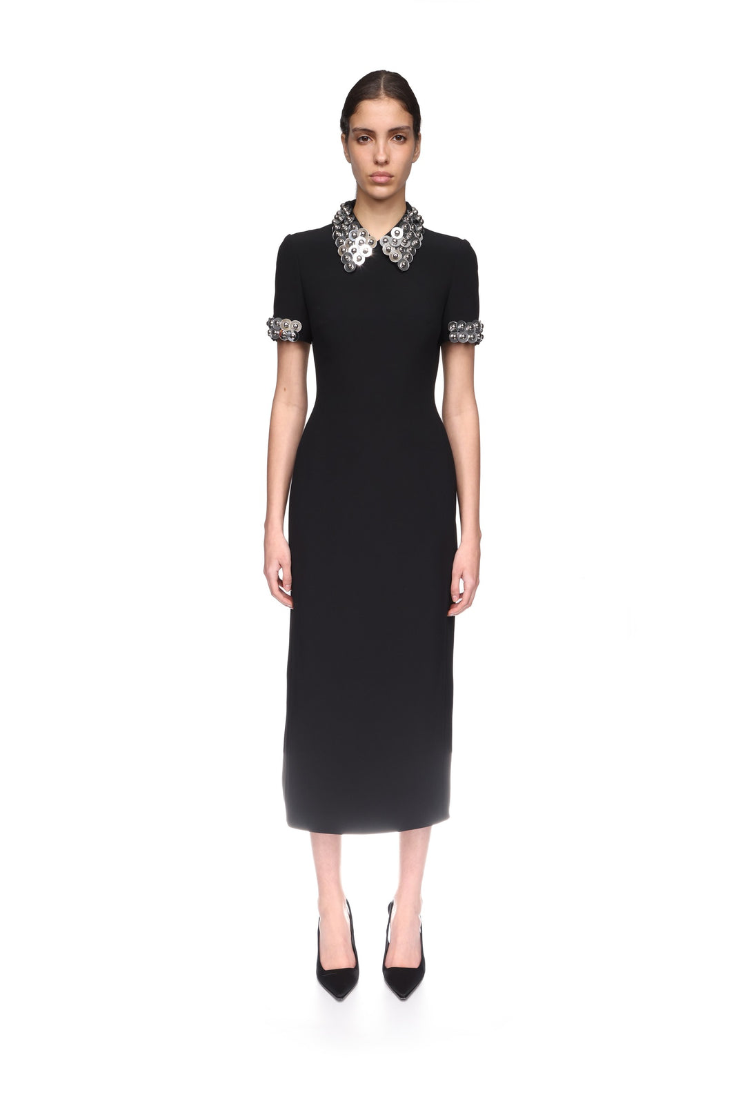 SILVER SPHERE COLLAR AND SLEEVE MIDI DRESS