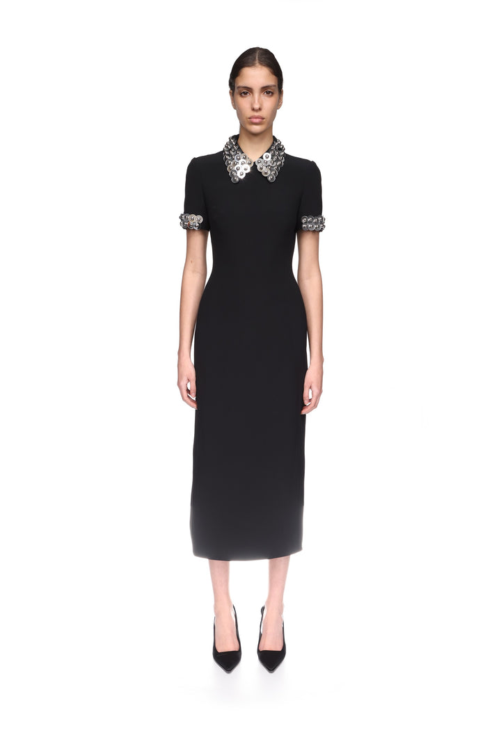 SILVER SPHERE COLLAR AND SLEEVE MIDI DRESS