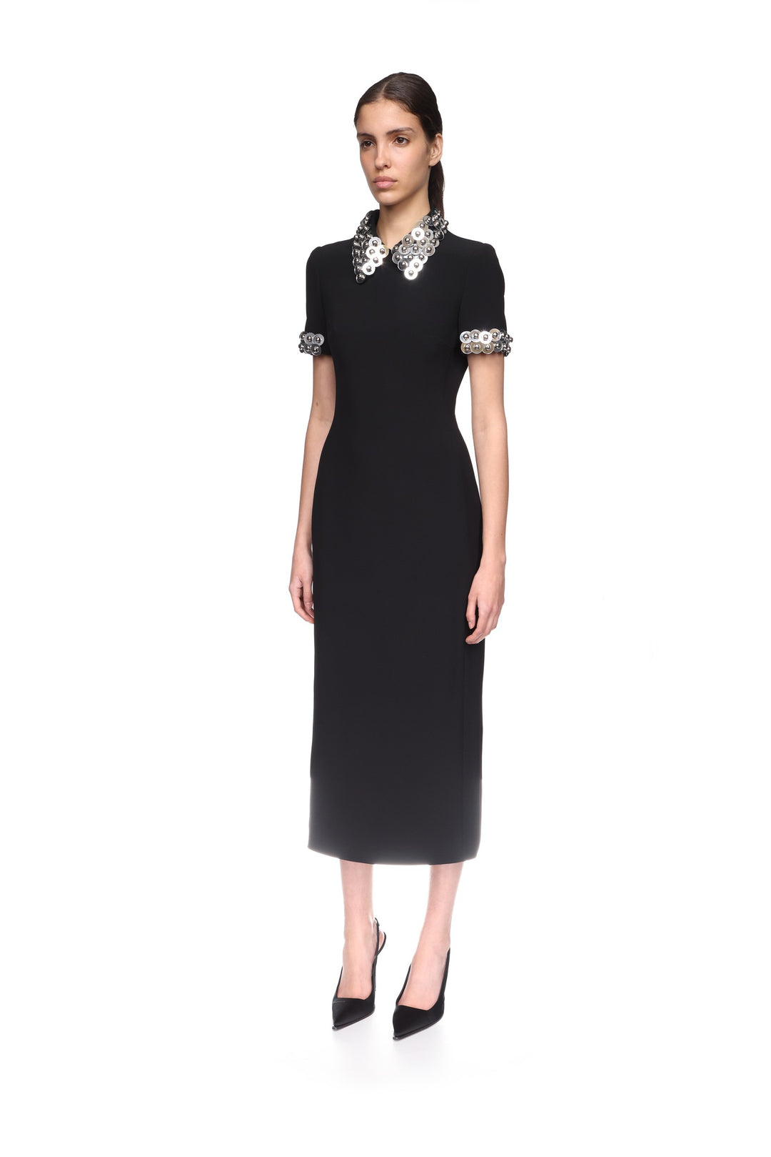SILVER SPHERE COLLAR AND SLEEVE MIDI DRESS