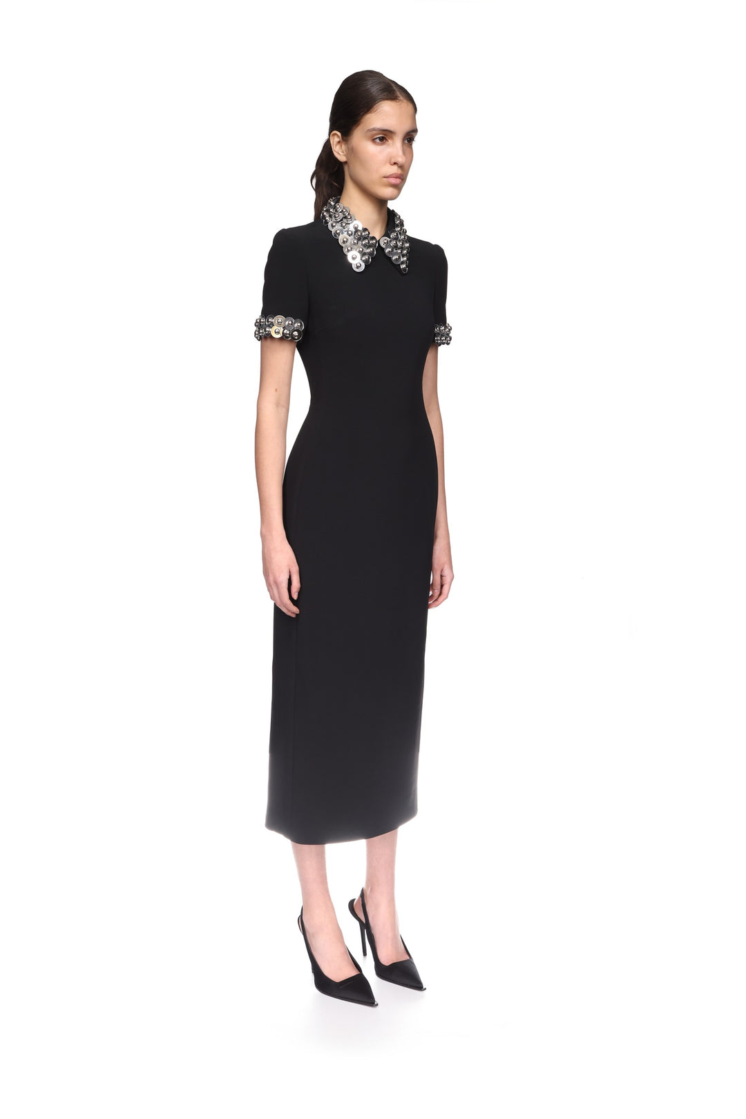 SILVER SPHERE COLLAR AND SLEEVE MIDI DRESS