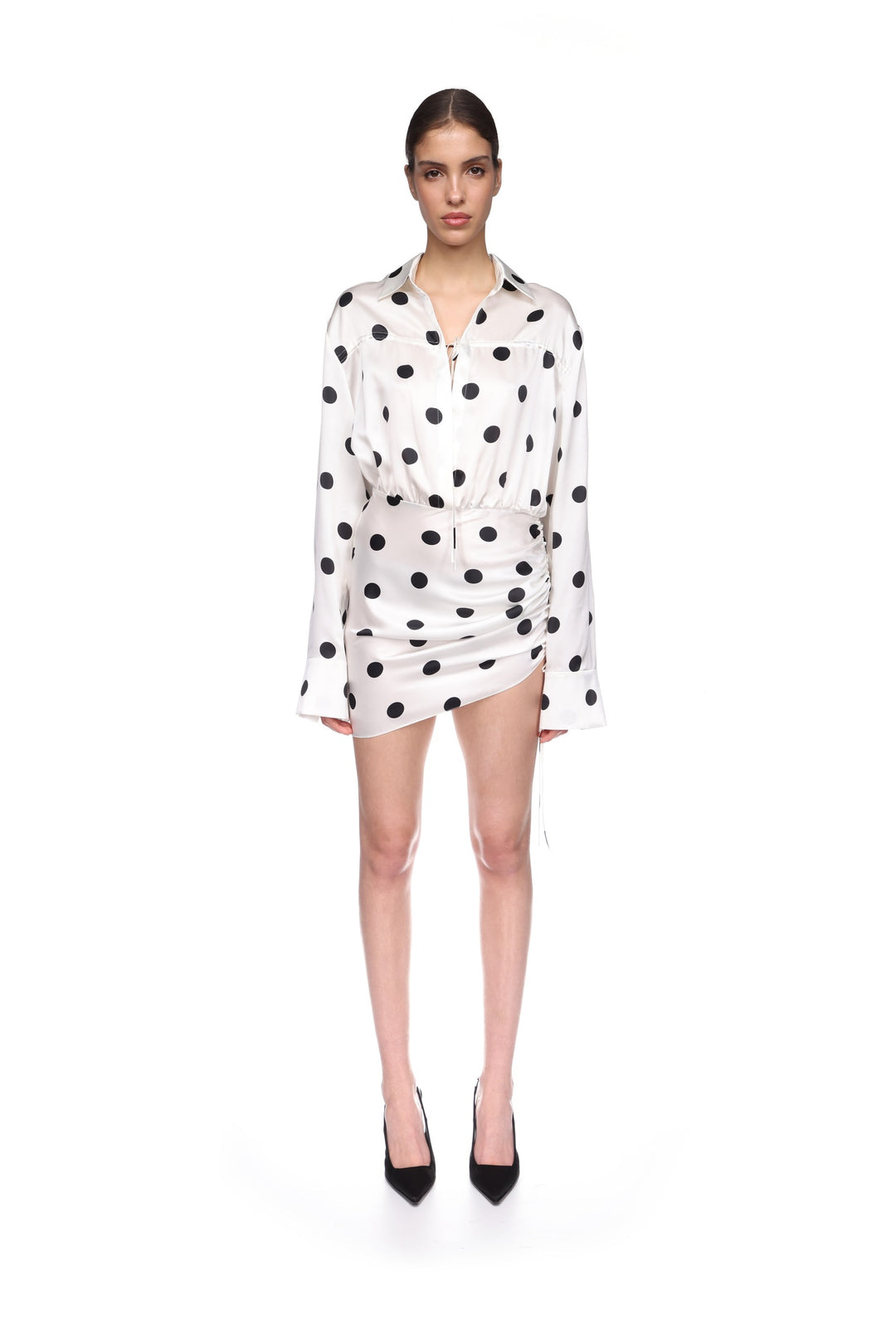 POLKA-DOT PRINT SATIN SHIRT DRESS