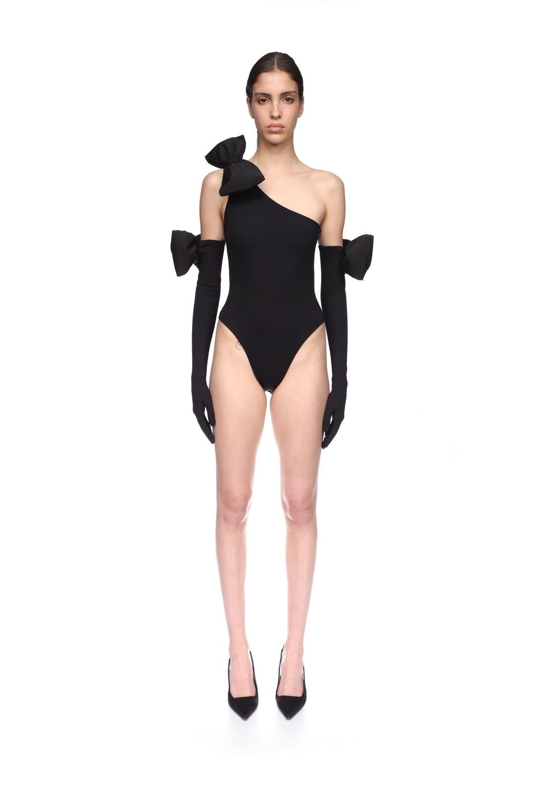 BOW DETAIL LONG JERSEY GLOVES IN BLACK