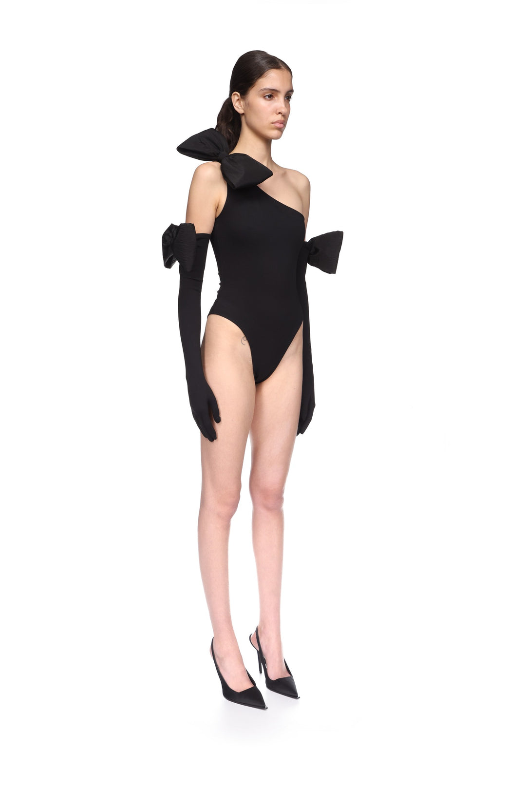 BOW DETAIL LONG JERSEY GLOVES IN BLACK