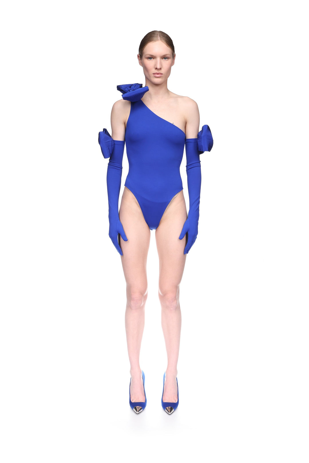 BOW DETAIL LONG JERSEY GLOVES IN BLUE