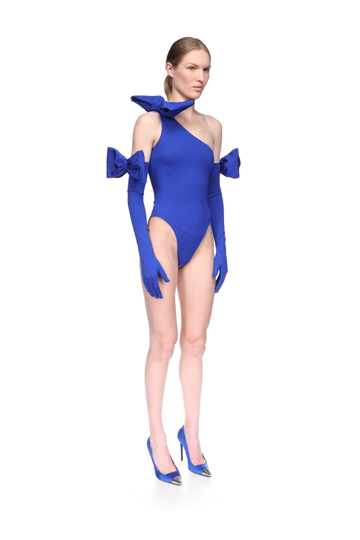 BOW DETAIL LONG JERSEY GLOVES IN BLUE