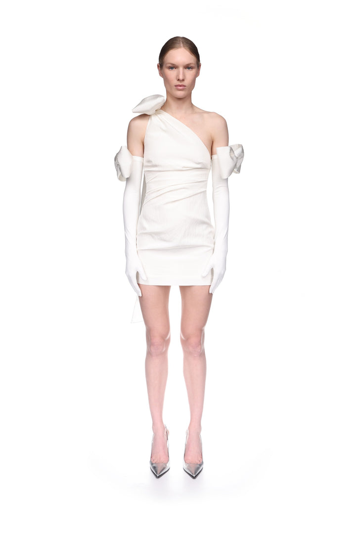 BOW DETAIL LONG JERSEY GLOVES IN WHITE