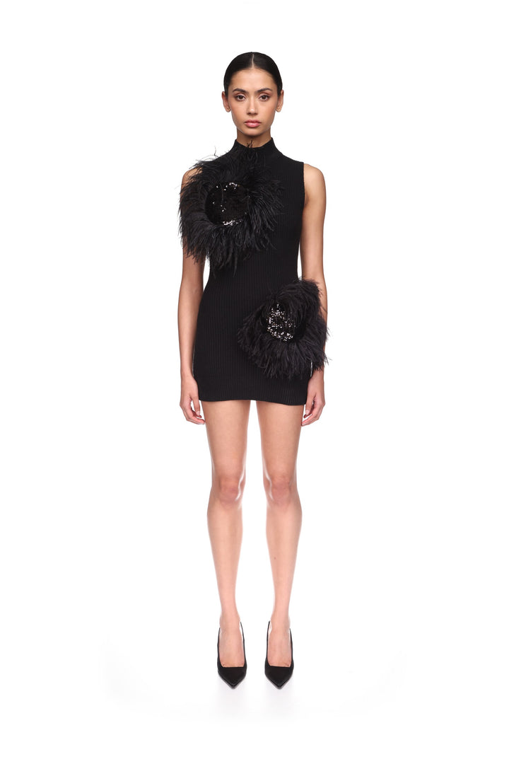 FEATHER & SEQUIN POLKA-DOT DETAIL KNIT DRESS