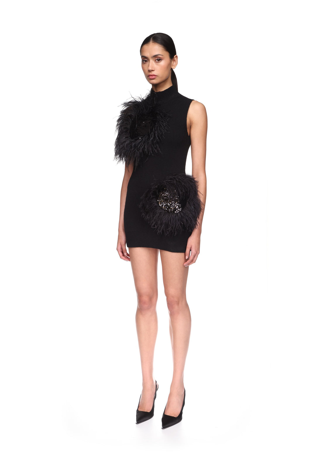 FEATHER & SEQUIN POLKA-DOT DETAIL KNIT DRESS