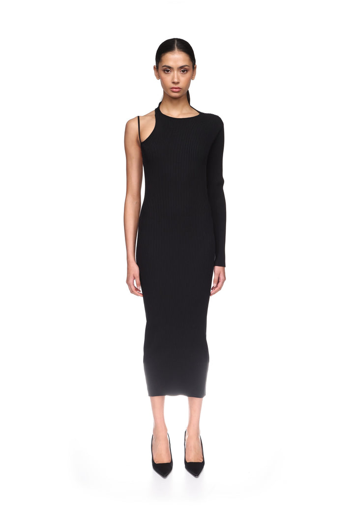 OPEN BACK ONE SLEEVE MIDI KNIT DRESS