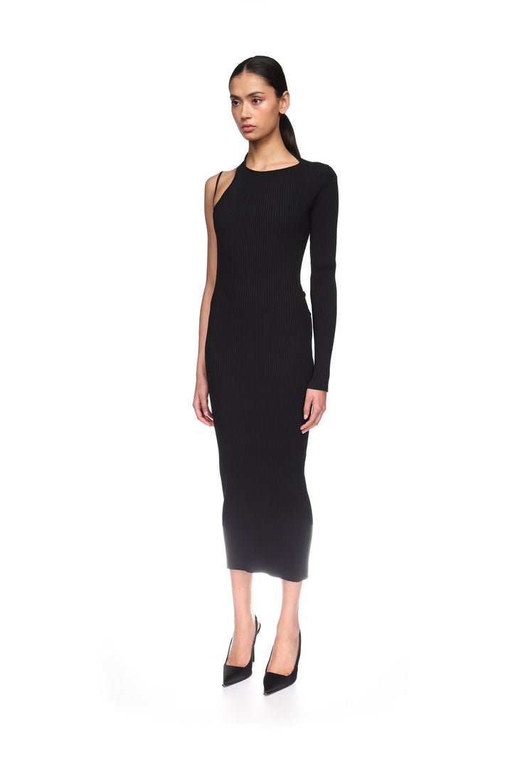 OPEN BACK ONE SLEEVE MIDI KNIT DRESS