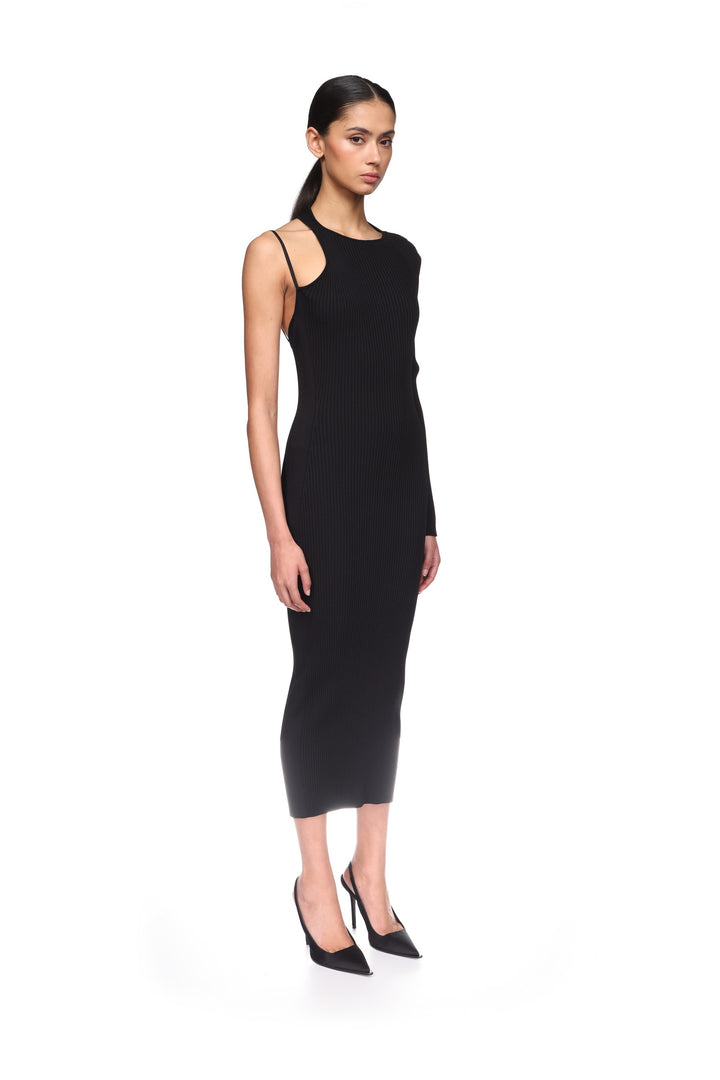 OPEN BACK ONE SLEEVE MIDI KNIT DRESS