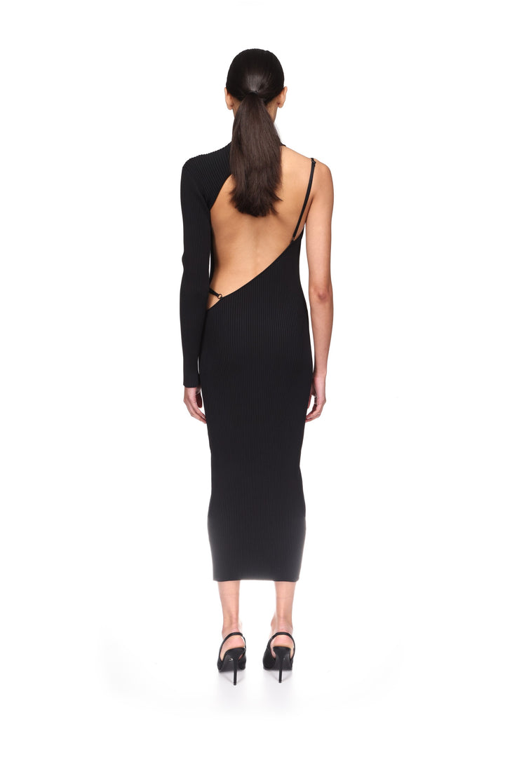 OPEN BACK ONE SLEEVE MIDI KNIT DRESS