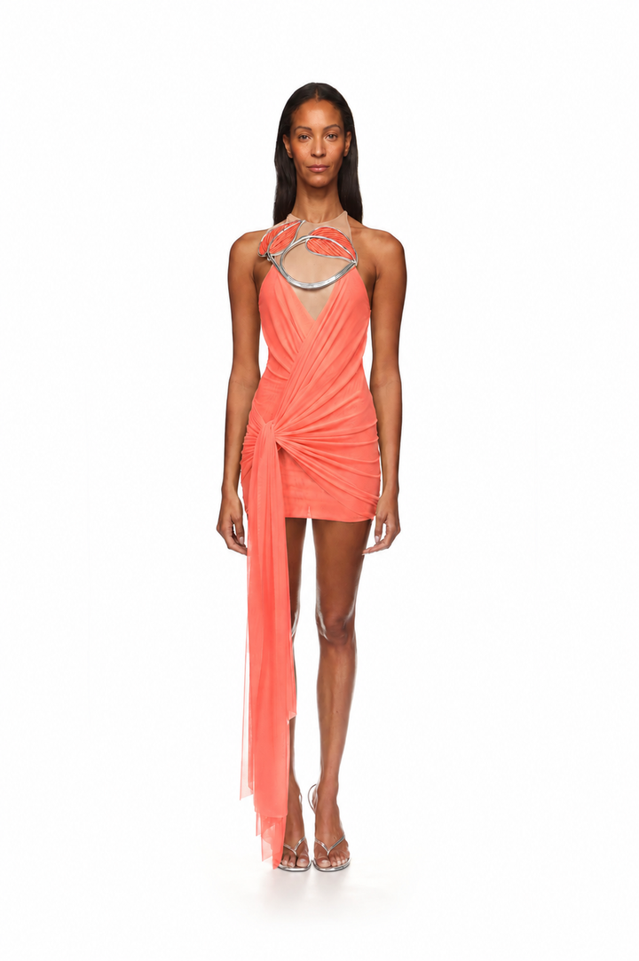 PLEXI LEAF AND DRAPE MINI DRESS