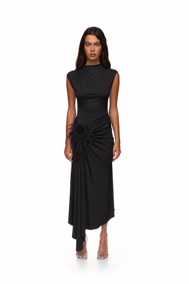 CACTUS DAHLIA DETAIL DRAPED MIDI DRESS IN BLACK