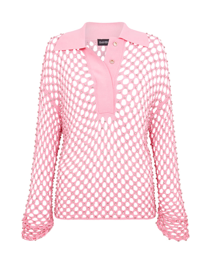 CRYSTAL EMBROIDERED NET CROCHET SHIRT