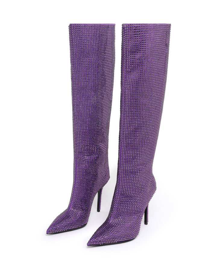 ALL OVER CRYSTAL KNEE HIGH BOOTS IN PURPLE