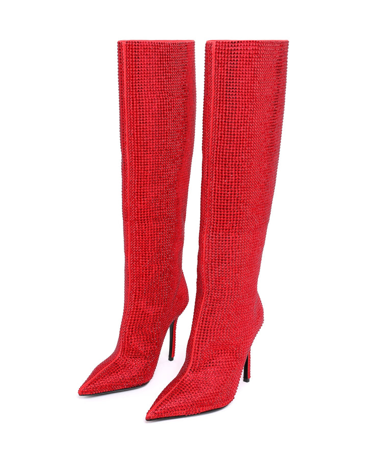 ALL OVER CRYSTAL KNEE HIGH BOOTS IN RED