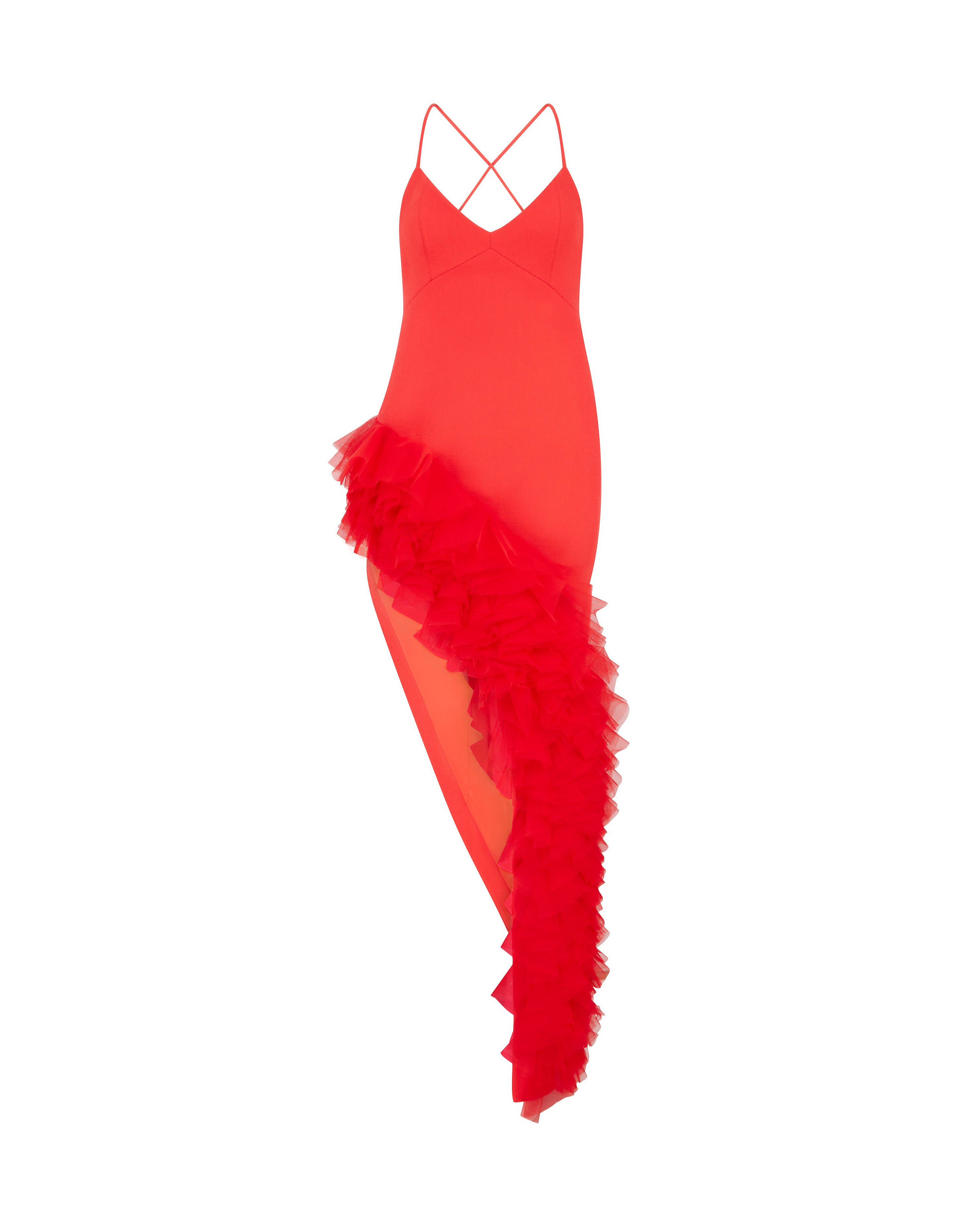 Aadnevik Asymmetric Ruffle Bustier Dress in Red