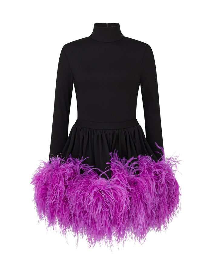 OPEN BACK LONG SLEEVES FEATHER HEM MINI DRESS