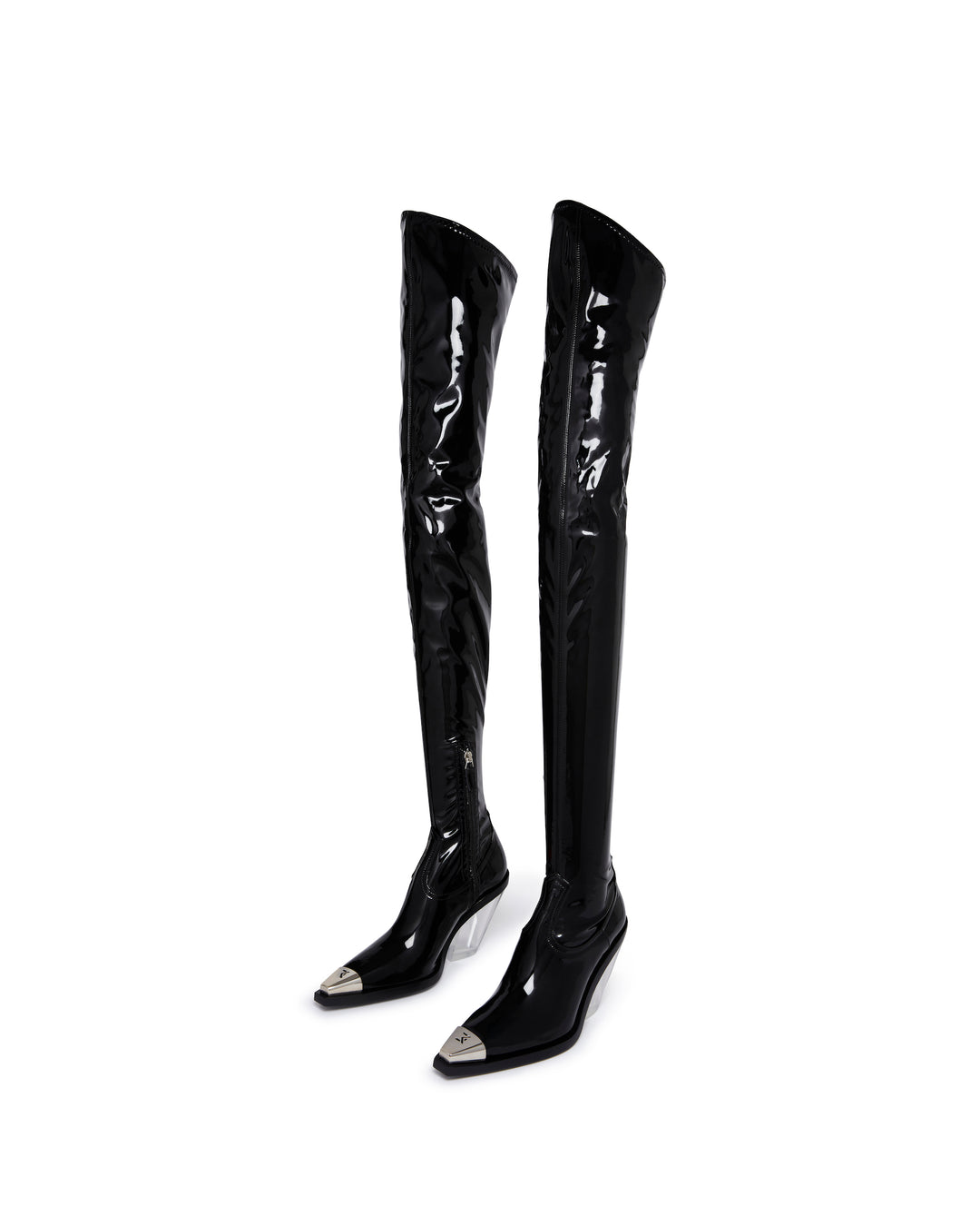 PATENT THIGH HIGH BOOTS WITH TRANSPARENT HEEL IN BLACK