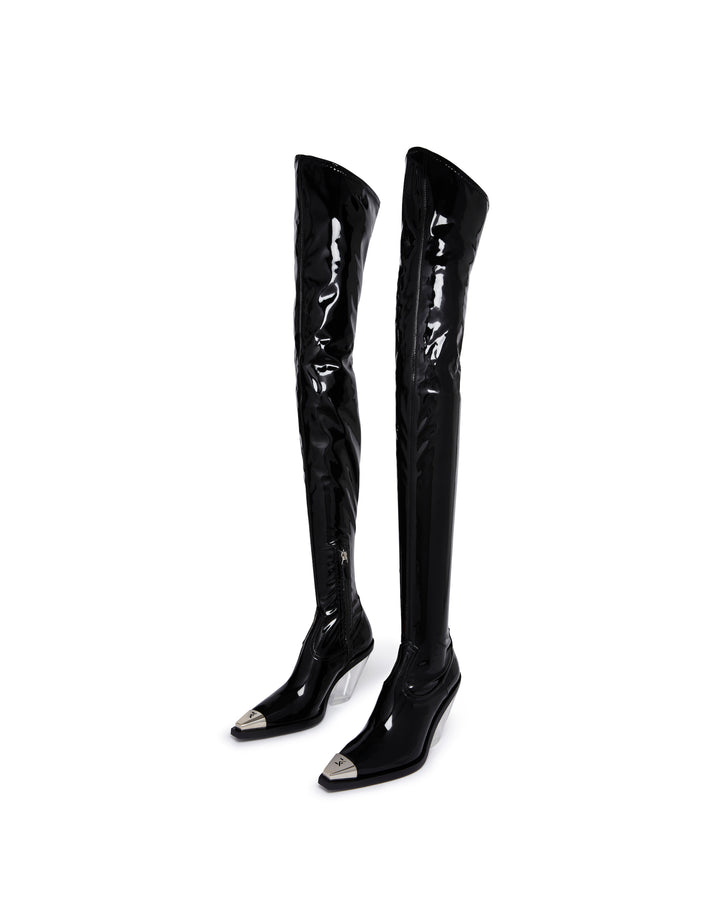 PATENT THIGH HIGH BOOTS WITH TRANSPARENT HEEL IN BLACK