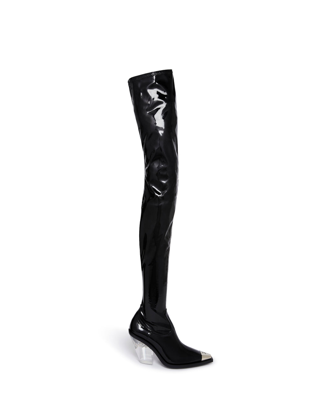 PATENT THIGH HIGH BOOTS WITH TRANSPARENT HEEL IN BLACK