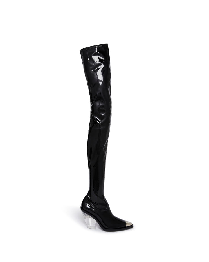 PATENT THIGH HIGH BOOTS WITH TRANSPARENT HEEL IN BLACK