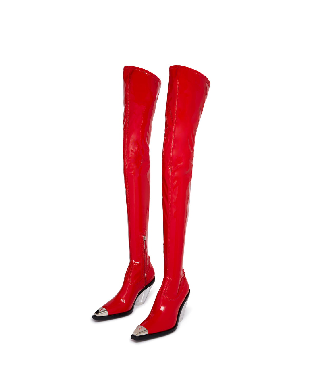 PATENT THIGH HIGH BOOTS WITH TRANSPARENT HEEL IN RED