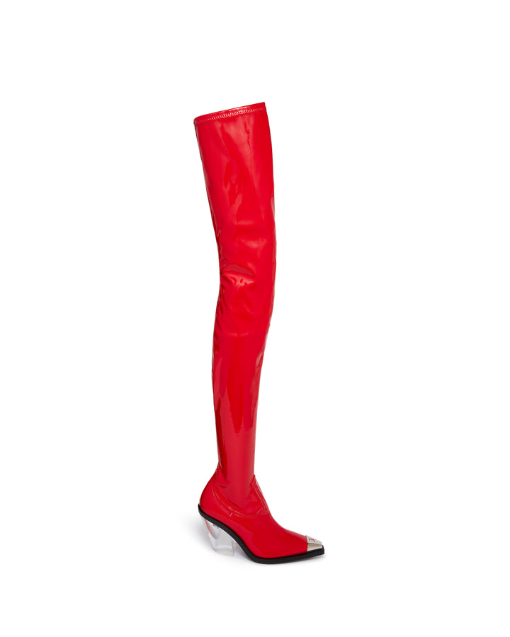 PATENT THIGH HIGH BOOTS WITH TRANSPARENT HEEL IN RED
