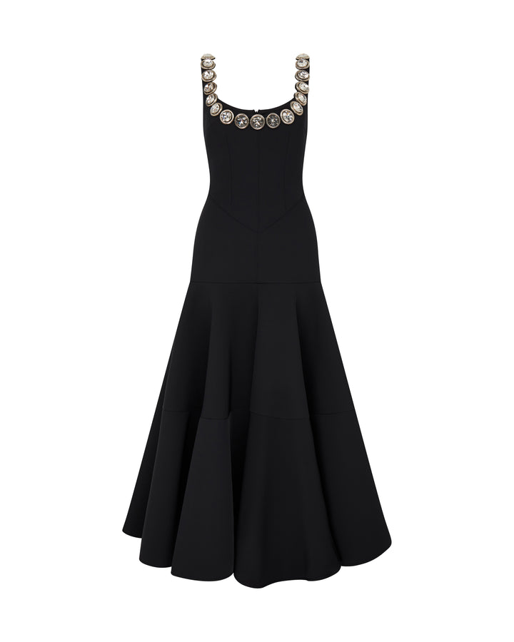 CRYSTAL EMBROIDERED NECKLINE MIDI DRESS