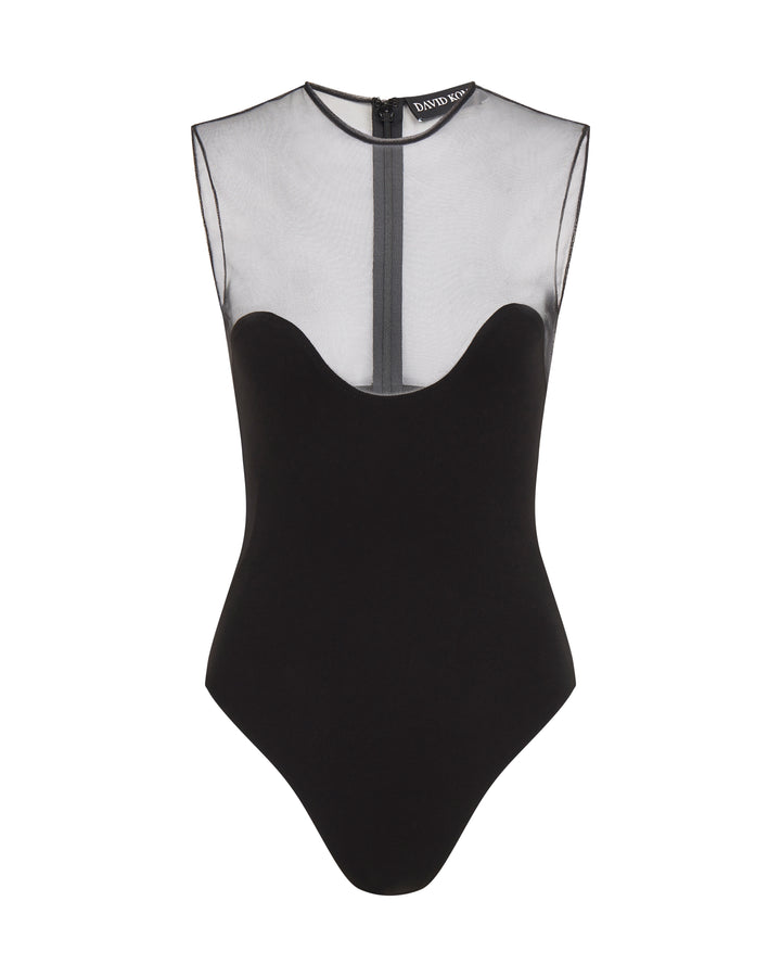 WAVE NECKLINE AND TULLE BODYSUIT IN BLACK