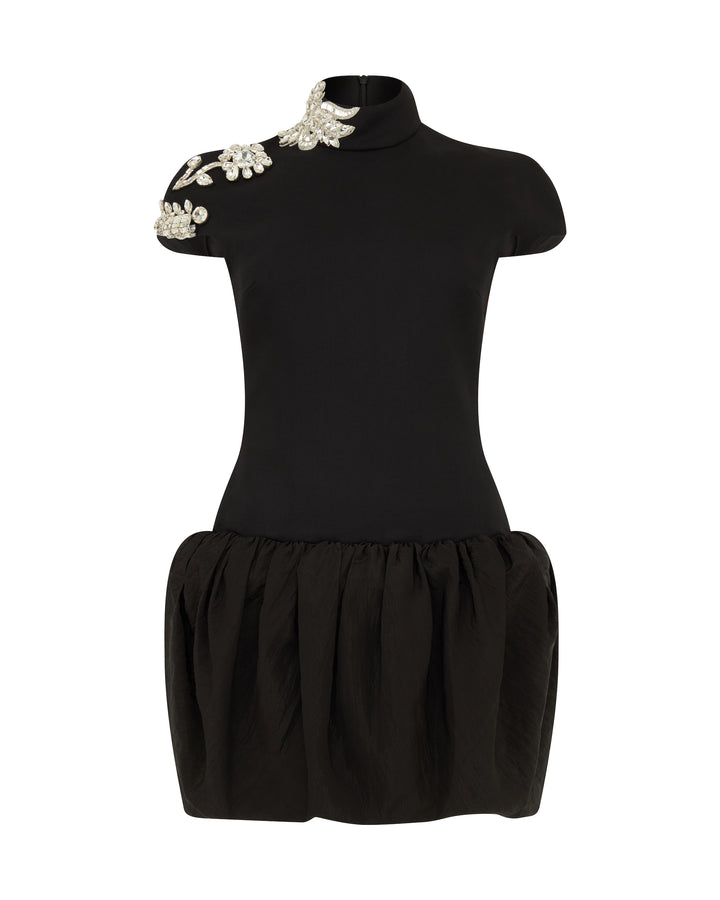 CRYSTAL BROOCH AND PUFF SKIRT MINI DRESS