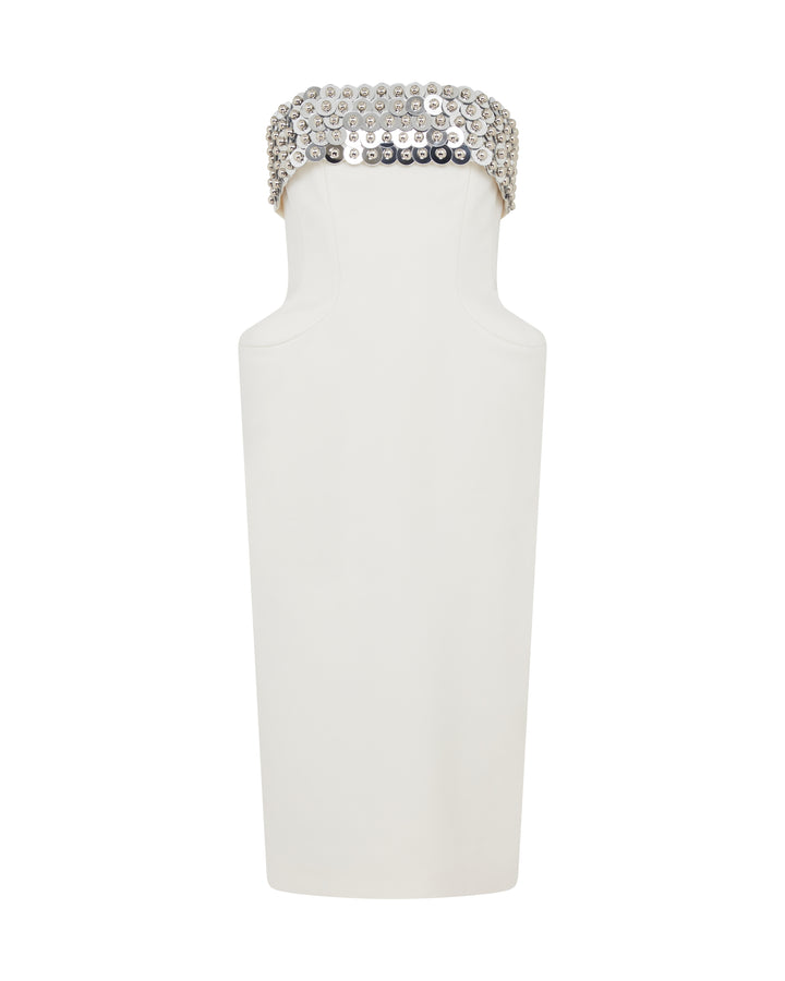 SILVER SPHERES BUST AND PADDED HIP MIDI DRESS