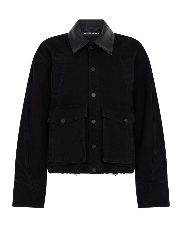 LEATHER COLLAR DETAIL DENIM JACKET