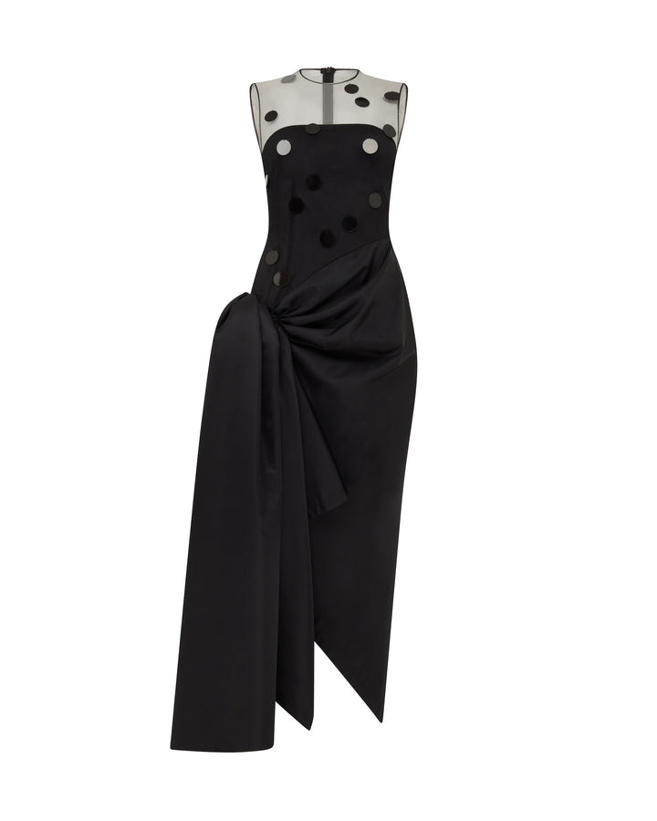 POLKA-DOT DISCS AND DRAPED SKIRT MIDI DRESS