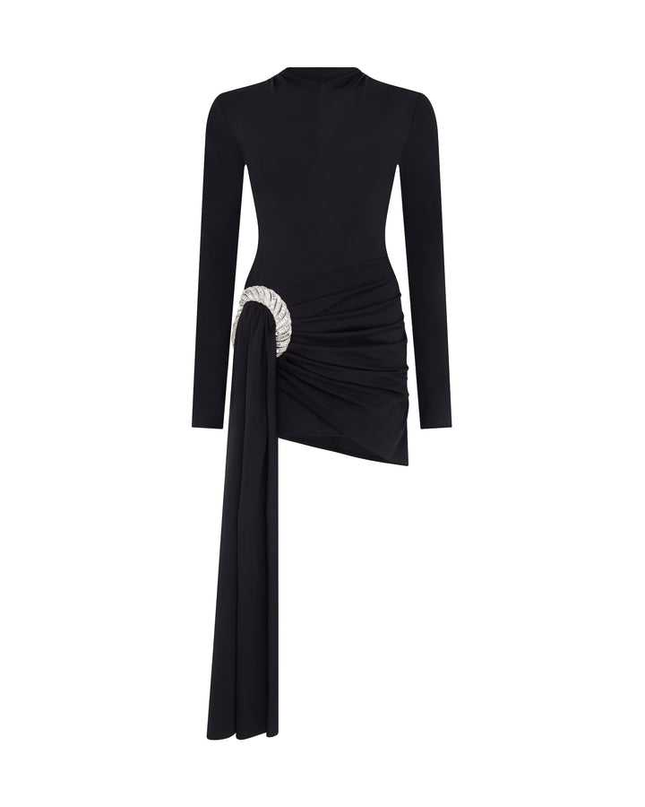 CRYSTAL SPIRAL AND DRAPE MINI DRESS IN BLACK
