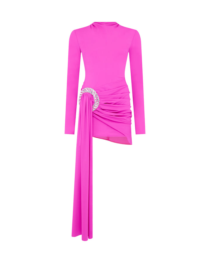 CRYSTAL SPIRAL AND DRAPE MINI DRESS IN FUCHSIA