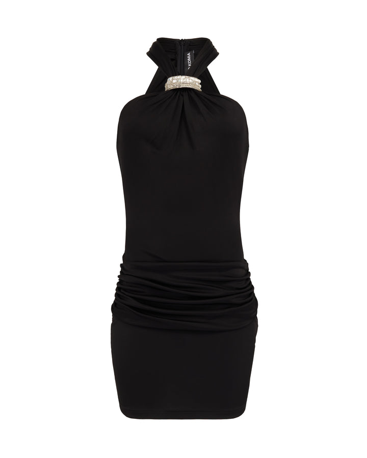 CRYSTAL ARCH HALTERNECK RUCHED MINI DRESS