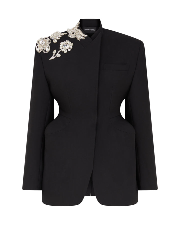 CRYSTAL BROOCH AND PADDED HIP DETAIL JACKET