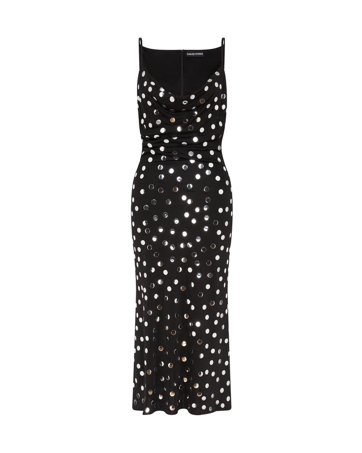 SILVER POLKA-DOT AND COWL NECK MIDI DRESS