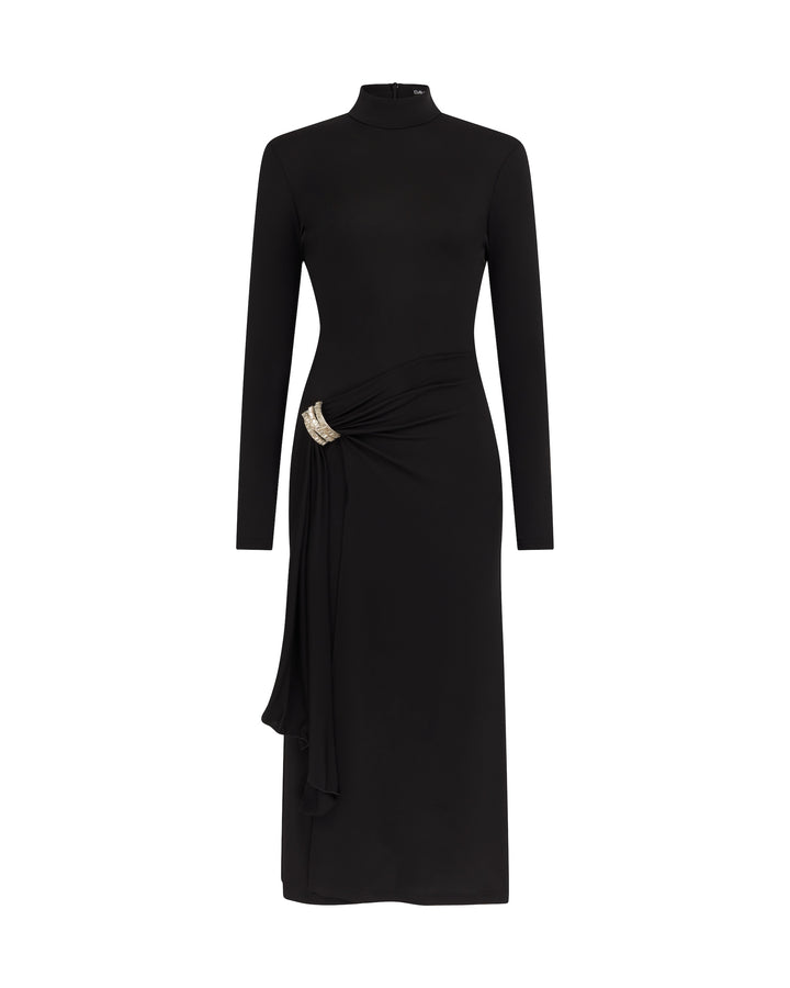 CRYSTAL ARCH AND LONG SLEEVE MIDI DRESS IN BLACK