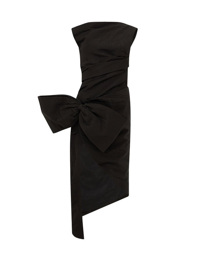 DROP SHOULDER MIDI DRESS WITH BOW IN BLACK