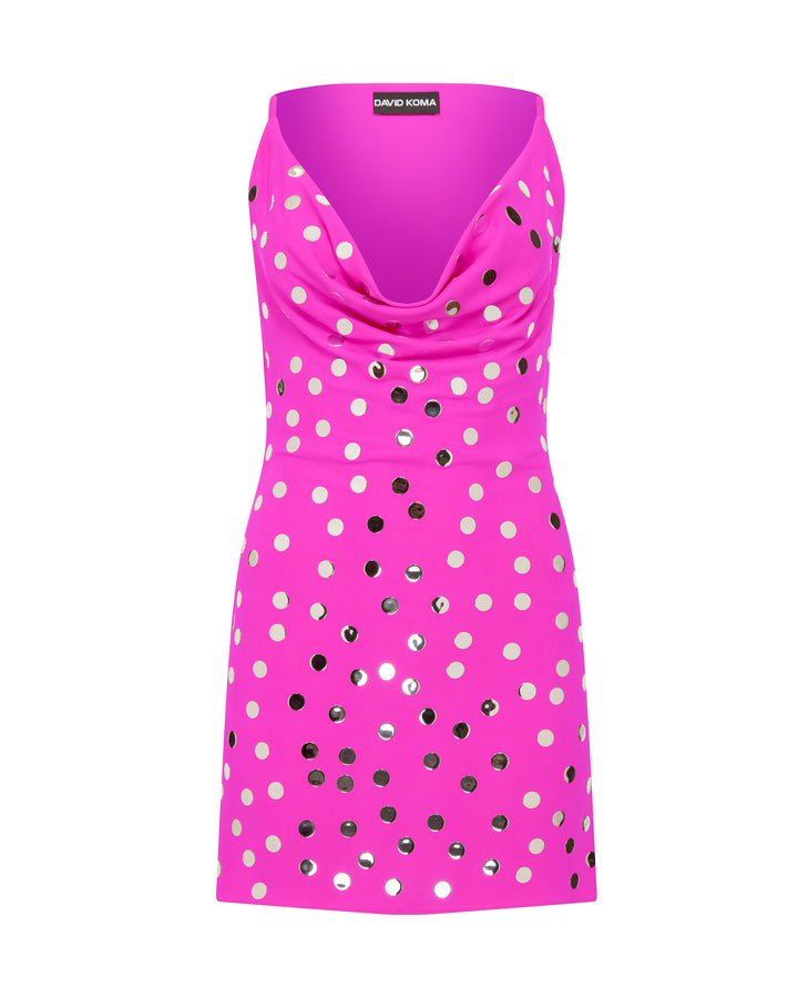 SILVER POLKA-DOTS AND COWL NECK MINI DRESS