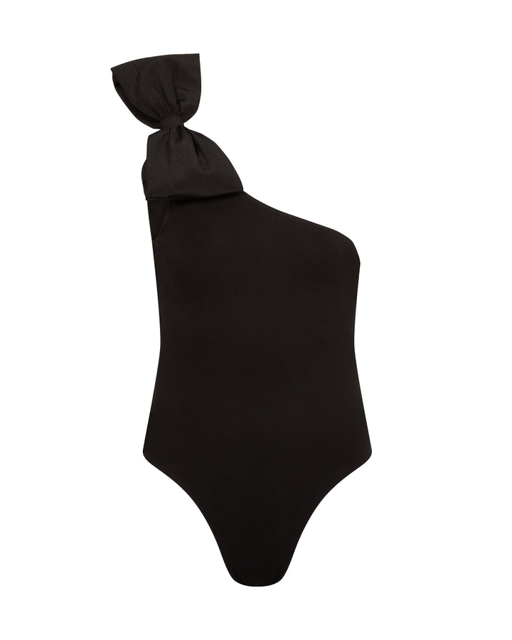 ONE SHOULDER BOW DETAIL BODYSUIT IN BLACK