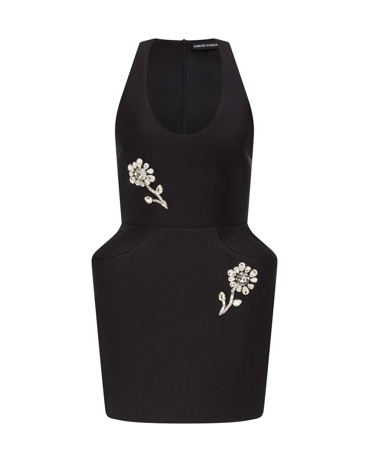 CRYSTAL BROOCH AND PADDED HIP MINI DRESS