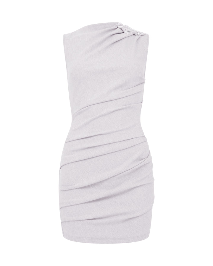 CRYSTAL BROOCH AND RUCHED JERSEY MINI DRESS