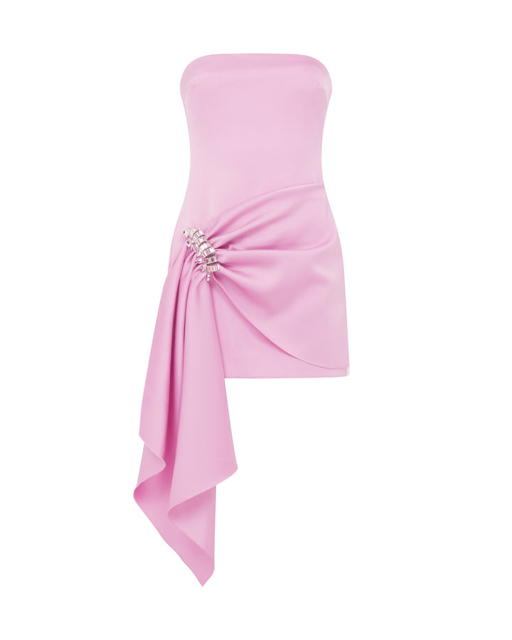 CRYSTAL BROOCH AND DRAPED HEM MINI DRESS