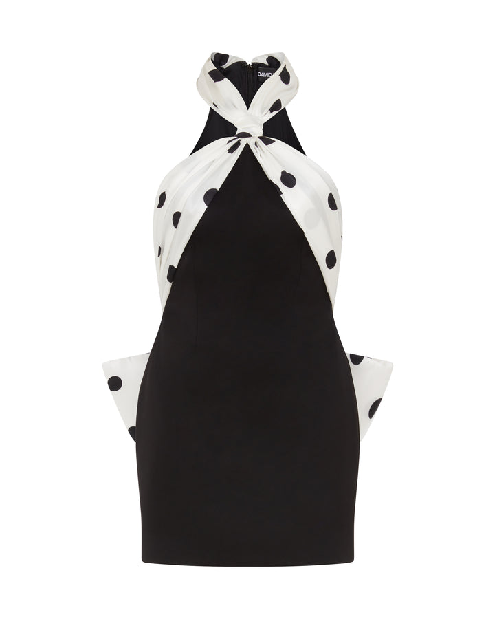 POLKA-DOT PRINT HALTER MINI DRESS WITH BOW