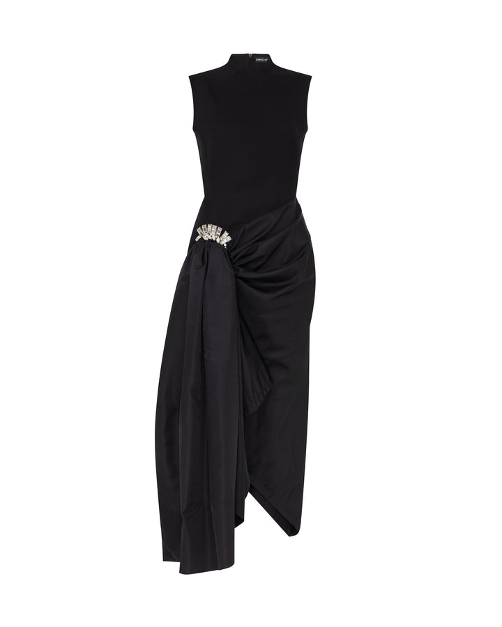 CRYSTAL BROOCH AND DRAPED HEM MIDI DRESS